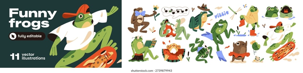 Funny frogs set. Cute anthropomorphic toads sing, dance and read. Happy froglets with skateboard, flower, reed, lily leaf and mushroom. Flat isolated vector illustrations on white background