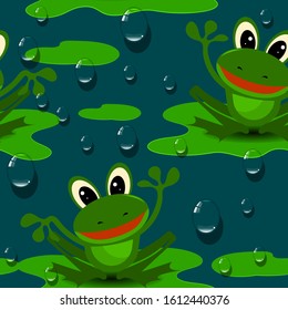 funny frogs sitting on floating leaves and drops of transparent liquid on an azure background. Cartoon seamless pattern. vector
