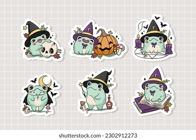 Funny frogs sticker pack, cute cartoon characters for Halloween