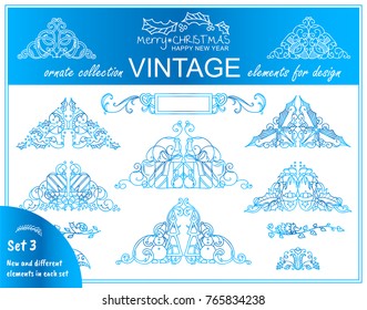 Funny frozen collection of Christmas elements. Cute triangles with different design. Sweet hand drawing illustrations in ornate doodle style. Snow-blue color