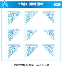 Funny frozen corners for frames and decorations. Kawaii winter and Christmas theme arts in each triangles. Ornate wave elements, hand drawn sketch collection