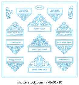 Funny frozen elements for Christmas wishes and more. Kawaii banners, tags or text boxes Happy New year design, header or title for Holiday menu, greetings or messages