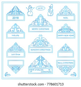 Funny frozen elements for Christmas wishes and more. Kawaii banners, tags or text boxes Happy New year design, header or title for Holiday menu, greetings or messages