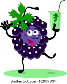 Funny fruit, blue grape. Cartoon character with a pack of juice in his hand. Vector image on white background