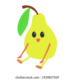 Funny fruit cartoon character. Cute kawaii smilling pear. Can be used for stiker, banner, card, poster and any design.Vector Illustration