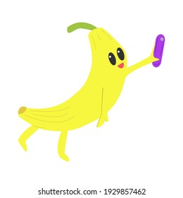Funny fruit cartoon character. Cute kawaii banana. Vector illustration.