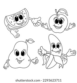 Funny fruit cartoon characters vector illustration. For kids coloring book.