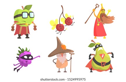 Funny Fruit Cartoon Characters Wearing Wizard and Superhero Costume Set, Apple, Cherry, Banana, Blackberry, Pear Vector Illustration