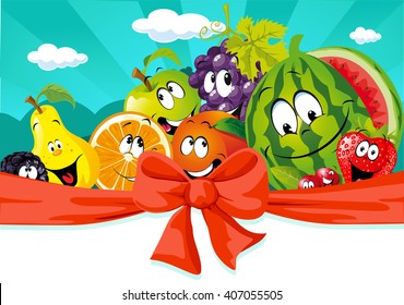 funny fruit cartoon on banner design - vector illustration