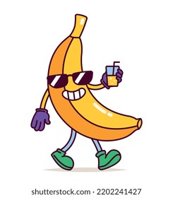 Gracioso carácter de fruta. Banana amarilla fría con gafas negras sosteniendo un cóctel refrescante. Elemento de diseño para medios sociales y afiches. Dibujo vectorial plano de dibujos animados aislado en fondo blanco