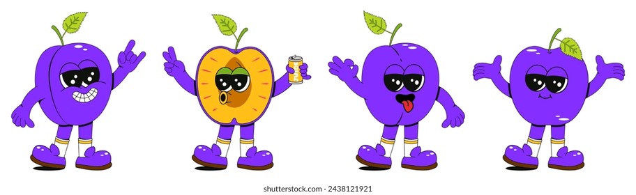 Funny fruit character plum. Comic elements in a trendy retro groovy style. Vector illustration for stickers, posters, prints.