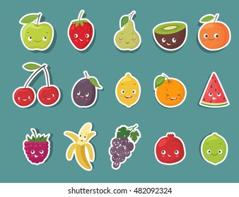 Funny fruit character stickers set. Emoticon cartoon illustration