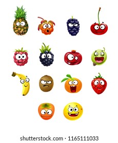 Funny fruit characters Collection isolated on white background. Cartoon vector illustration. Happy smiling cartoon fruits. 
banana, cherry, pineapple, cherry, mulberry, raspberry, kiwi, tangerine.