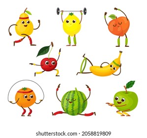 Funny fruit characters doing yoga. Kawaii pear, apple, orange, peach and other comic fruits having workout. Cartoon vector illustration set. Food, body wellness, gym sport concept