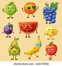 Funny fruit characters isolated on white background. Cheerful food emoji. Cartoon vector illustration: green pear, red apple, yellow banana, purple plum, orange, blue grape, watermelon, lemon, pear