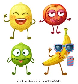 Funny fruit characters isolated on white background. Cheerful food emoji. Cartoon vector illustration: funny lemon, cheerful lime, lovely flirty peach, cute banana makes selfie