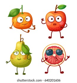 Funny fruit characters isolated on white background. Cheerful food emoji. Cartoon vector illustration: cute mandarine, red apple, shy green pear, cool grapefruit slice