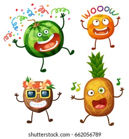 Funny fruit characters isolated on white background. Cheerful food emoji. Cartoon vector illustration: crazy watermelon, wow apricot, cool coconut, dancing pineapple
