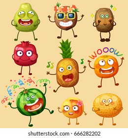 Funny fruit characters isolated on white background. Cheerful food emoji. Cartoon vector illustration: pomelo, coconut, kiwi, pomegranate, pineapple, orange, watermelon, peach, melon