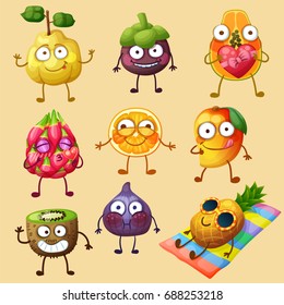 Funny fruit characters isolated on white background. Cheerful food emoji. Cartoon vector illustration: quince, mangosteen, papaya, orange, mango, kiwi, fig, pineapple, pitaya