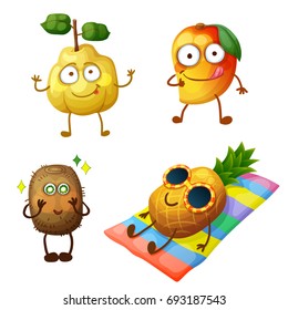 Funny fruit characters isolated on white background. Cheerful food emoji. Cartoon vector illustration: funny quince, cool mango, excited kiwi, sunbathing pineapple