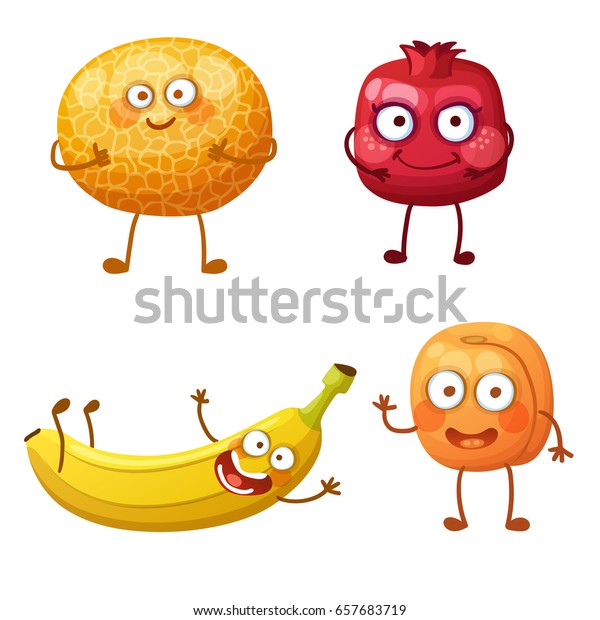 白い背景におかしなフルーツキャラクター 快活な食べ物の絵文字 カートーンのベクターイラスト クールメロン 美しいザクロ かわいいバナナ アンズ のベクター画像素材 ロイヤリティフリー