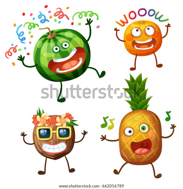 Funny fruit characters\
isolated on white background. Cheerful food emoji. Cartoon vector\
illustration: crazy watermelon, wow apricot, cool coconut, dancing\
pineapple