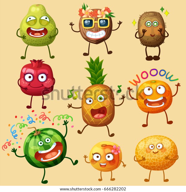 Funny fruit\
characters isolated on white background. Cheerful food emoji.\
Cartoon vector illustration: pomelo, coconut, kiwi, pomegranate,\
pineapple, orange, watermelon, peach,\
melon