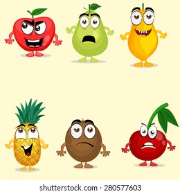 Funny fruit characters like apple, pear, papaya, pineapple, kiwi and cherry with different facial expressions.
