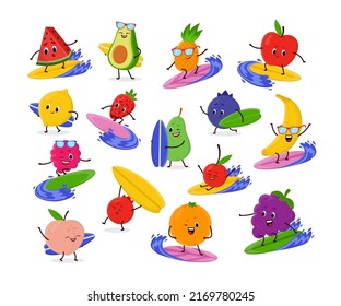 Funny fruit characters on surfboard cartoon illustration set. Cute banana, strawberry, orange, watermelon and pineapple in sunglasses surfing in ocean. Summer, water sport, food concept