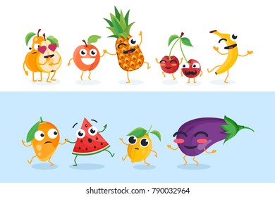 Funny fruit characters - set of vector isolated illustrations on white and blue background. Cute pear, mango, cherry, banana, pineapple, lemon, eggplant. High quality collection of cartoon emoticons