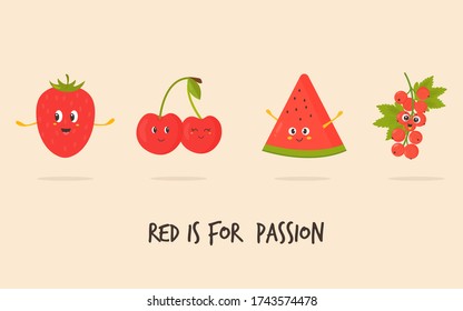 Funny fruit characters strawberry sweet cherry, watermelon, currant. Vector illustration, bright banner