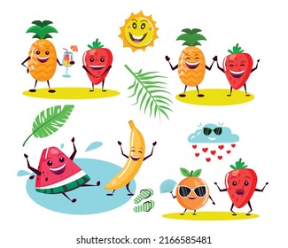 Funny fruit characters in summer on vacation. Pineapple, strawberry, orange and watermelon. Vector illustration.