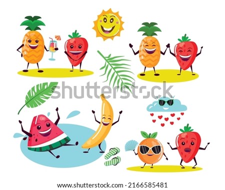 Funny fruit characters in summer on vacation. Pineapple, strawberry, orange and watermelon. Vector illustration.