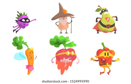 Funny Fruit Characters Wearing Wizard and Superhero Costume Set, Blackberry, Pear, Carrot, Radish, Pepper Vector Illustration