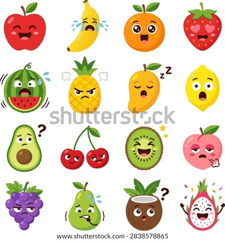 Funny fruit emoji icon set with varied facial reactions, featuring cute apple, banana, orange, strawberry, watermelon, pineapple, mango, lemon, avocado, cherry, kiwi, peach, grape, pear, coconut, and dragonfruit vector illustration.