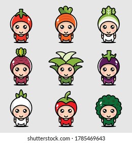 Gracioso rostro de fruta y dibujos animados personajes de frutas conjunto de iconos vectores. 