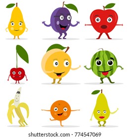 Funny fruit face and cartoon fruit characters. Cartoon funny fruits characters and fruits face. Flat design, vector illustration, vector.