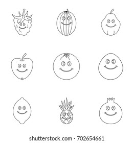 Funny fruit face icon set. Outline set of 9 funny fruit face vector icons for web isolated on white background