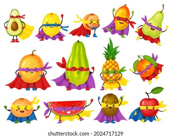 Funny fruit hero characters. Fresh orange, apple, avocado, lemon with cute faces in masks. Cartoon fruits in superhero outfits vector set wearing cape and gloves. Fantastic fruit with emotions
