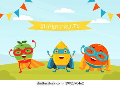 Funny Fruit Hero in Mask and Cloak Rushing to Rescue Vector Illustration