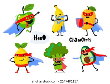 Funny fruit hero, superhero characters in masks vector.