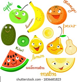 Funny fruit set apple, banana, orange, kiwi, lemon, pear, melon, watermelon. Cartoon characters of vegeterian food with smiling faces and lettering name. Vector images isolated on white background