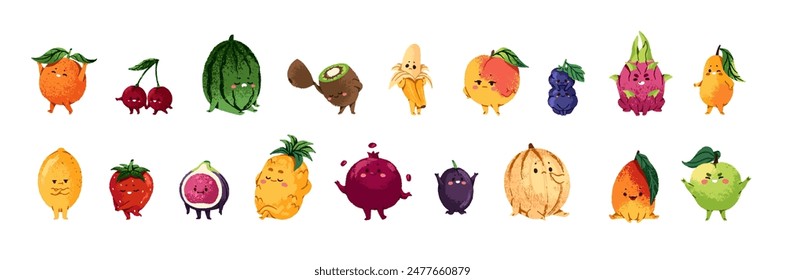 Divertido juego de frutas. Naranja feliz, plátano lindo, mango, baya. Personajes infantiles de comida saludable con diferentes emociones, expresiones. Ilustraciones vectoriales de dibujo aisladas planas sobre fondo blanco