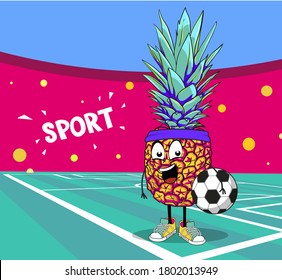 Diseño divertido de personajes deportivos de frutas. Jugador de Fotball Ananas en el estadio con una pelota de fútbol en mano. Diseño deportivo de piña para el paquete. Ilustración de comida moderna para niños