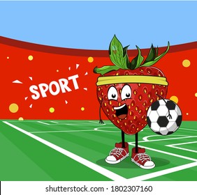 Gracioso diseño deportivo de fresa de fruta. Jugador de fútbol en el estadio con balón de fútbol en mano y zapatillas. Diseño de frutos deportivos para el paquete. Ilustración de comida moderna para la animación