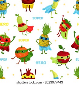 Funny Fruit Superhero in Mask and Cloak Rushing to Rescue Vector Seamless Pattern