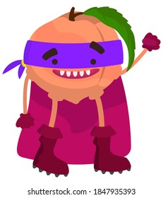 Funny fruit superhero. Peach in cartoon style.