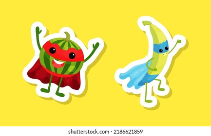 Funny fruit superhero stickers set. Funny banana and watermelon characters wearing mask and cloak cartoon vector illustration