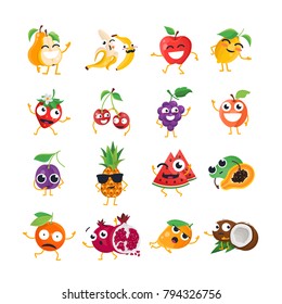 Funny fruit - vector isolated cartoon emoticons. Cute emoji set with nice characters. A collection of an angry, surprised, happy, cheerful, crazy, laughing, sad food on white background